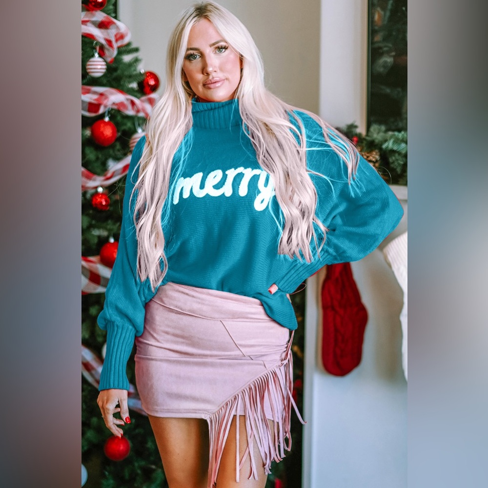 Double Take Full Size Merry Christmas Turtleneck Long Sleeve Sweater